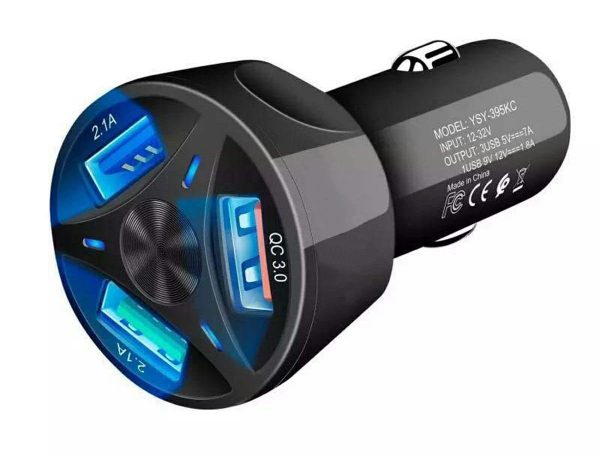 ŁADOWARKA SAMOCHODOWA 3x USB QC SZYBKA LED 3.0