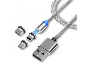 KABEL USB-MICRO USB-C LIGHTNING TYP-C 3w1 MAGNETYCZNY - srebrny