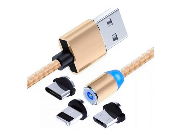 KABEL USB-MICRO USB-C LIGHTNING TYP-C 3w1 MAGNETYCZNY - złoty