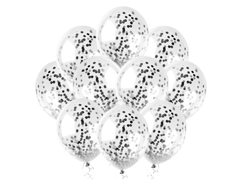 BALONY Z KONFETTI 25CM 50SZT - srebrny