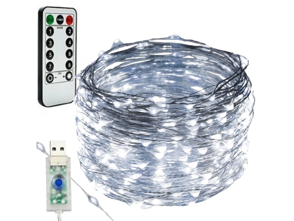 LAMPKI DRUCIKI 200 LED USB + PILOT - zimny biały