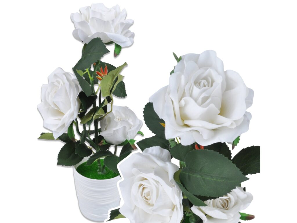 RÓŻA KWIAT SZTUCZNY 38cm 3 KWIATY W DONICZCE - biały