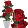 RÓŻA KWIAT SZTUCZNY 38cm 3 KWIATY W DONICZCE - czerwony