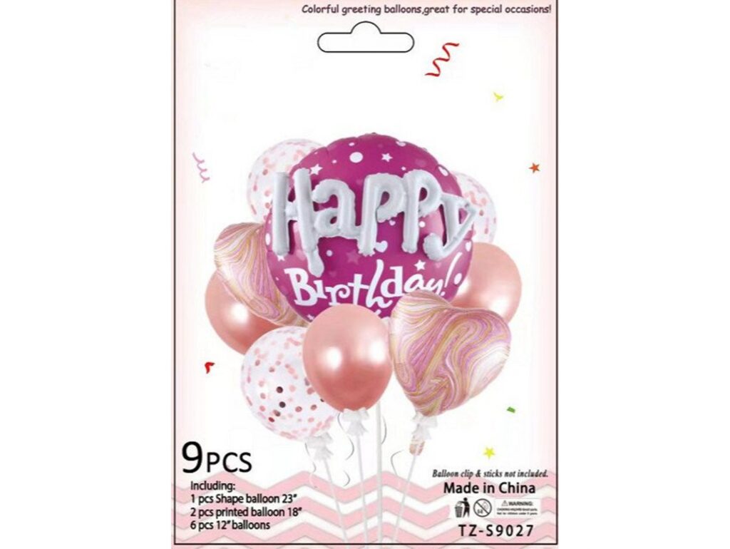 BALONY LATEKSOWE FOLIOWE ZESTAW 9SZT - Happy Birhday różowy