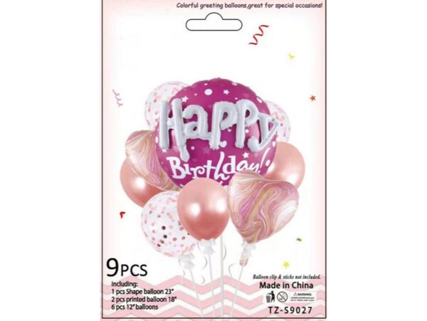 BALONY LATEKSOWE FOLIOWE ZESTAW 9SZT - Happy Birhday różowy