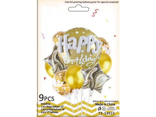 BALONY LATEKSOWE FOLIOWE ZESTAW 9SZT - Happy Birhday złoty