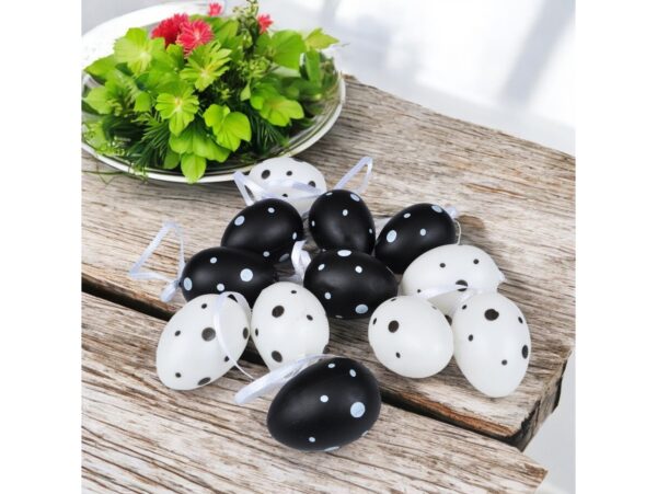 JAJKA WIELKANOCNE Z ZAWIESZKĄ 12SZT 4x3cm - biało-czarne