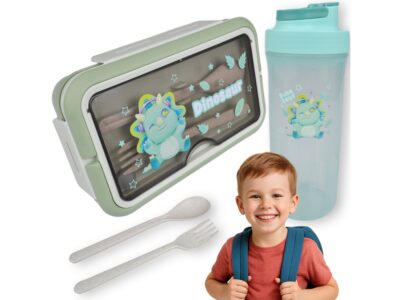 LUNCHBOX ŚNIADANIÓWKA POJEMNIK NA ŚNIADANIE OBIAD SZTUĆCE Z BIDONEM ZESTAW - zielony z dinozaurem