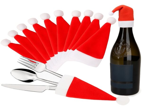 CZAPKA MIKOŁAJA NA BUTELKĘ SZTUĆCE 10SZT OZDOBY