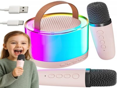 ZESTAW KARAOKE 2 MIKROFONY LED BLUETOOTH OKRĄŁY - beżowy