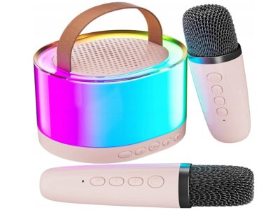 ZESTAW KARAOKE 2 MIKROFONY LED BLUETOOTH OKRĄŁY - beżowy