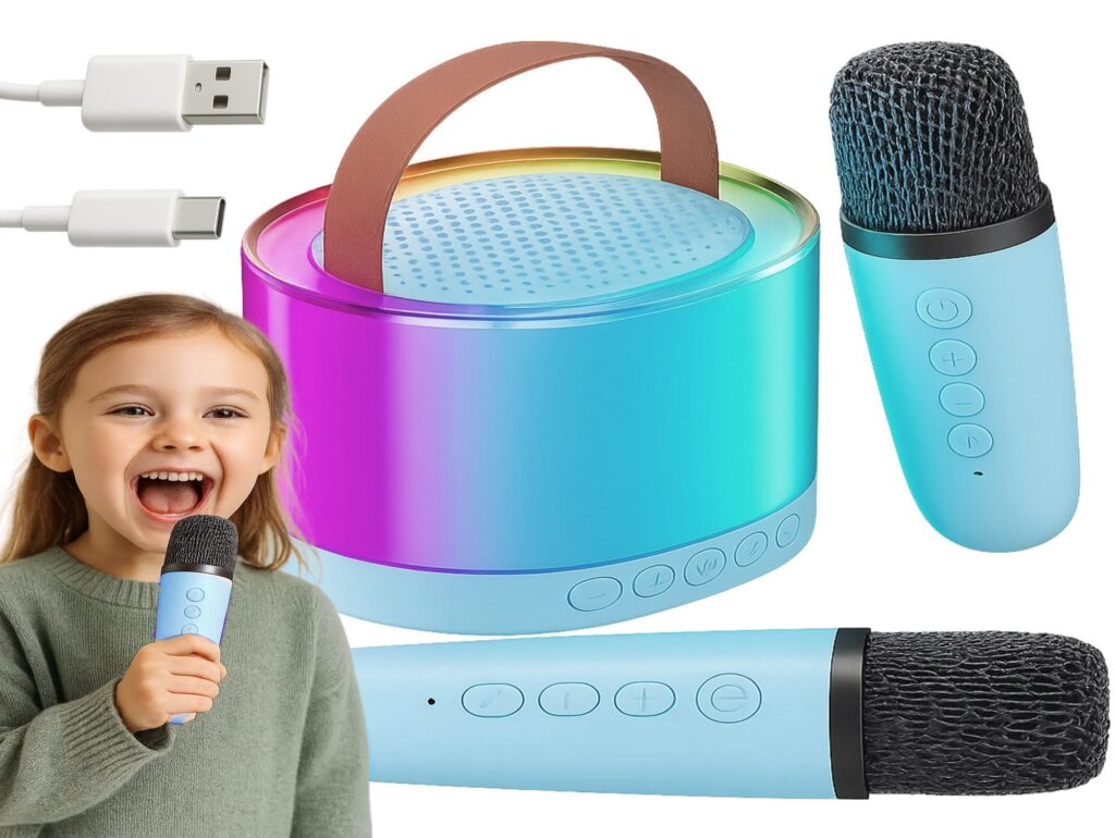 ZESTAW KARAOKE 2 MIKROFONY LED BLUETOOTH OKRĄŁY - niebieski