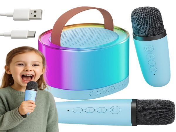 ZESTAW KARAOKE 2 MIKROFONY LED BLUETOOTH OKRĄŁY - niebieski