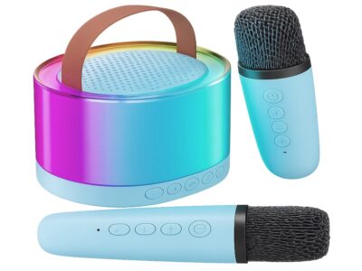 ZESTAW KARAOKE 2 MIKROFONY LED BLUETOOTH OKRĄŁY - niebieski
