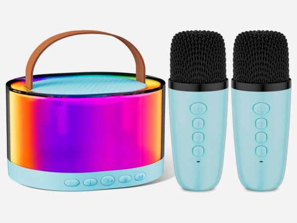 ZESTAW KARAOKE 2 MIKROFONY LED BLUETOOTH OKRĄŁY - niebieski