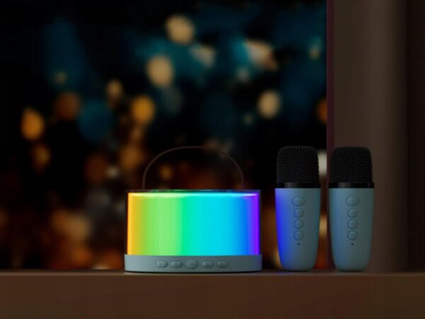 ZESTAW KARAOKE 2 MIKROFONY LED BLUETOOTH OKRĄŁY - niebieski