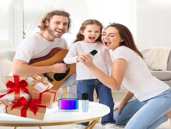 ZESTAW KARAOKE 2 MIKROFONY LED BLUETOOTH OKRĄŁY - niebieski