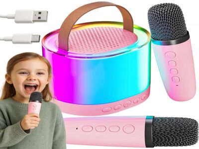 ZESTAW KARAOKE 2 MIKROFONY LED BLUETOOTH OKRĄŁY - różowy