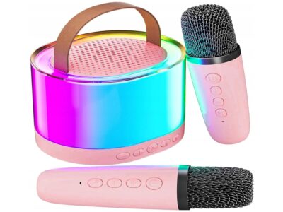 ZESTAW KARAOKE 2 MIKROFONY LED BLUETOOTH OKRĄŁY - różowy