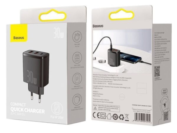 BASEUS ŁADOWARKA SIECIOWA USB-C 2X USB-A 30W PD QC3.0 3705 UNIWERSALNA CCXJ-E01