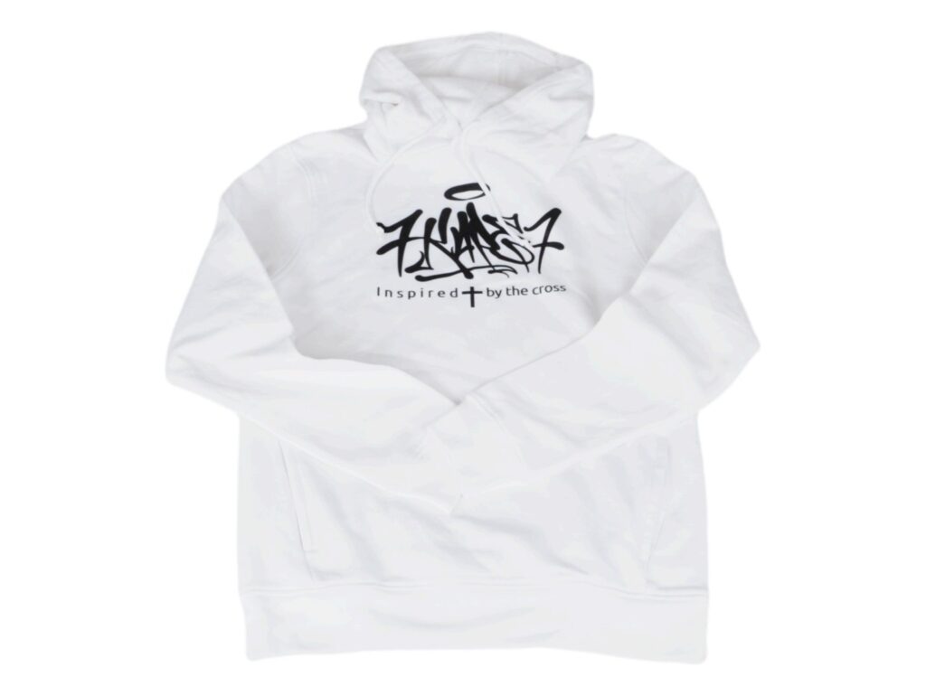 BLUZA PREMIUM Z KAPTUREM Z NADRUKIEM PRZÓD BIAŁY L