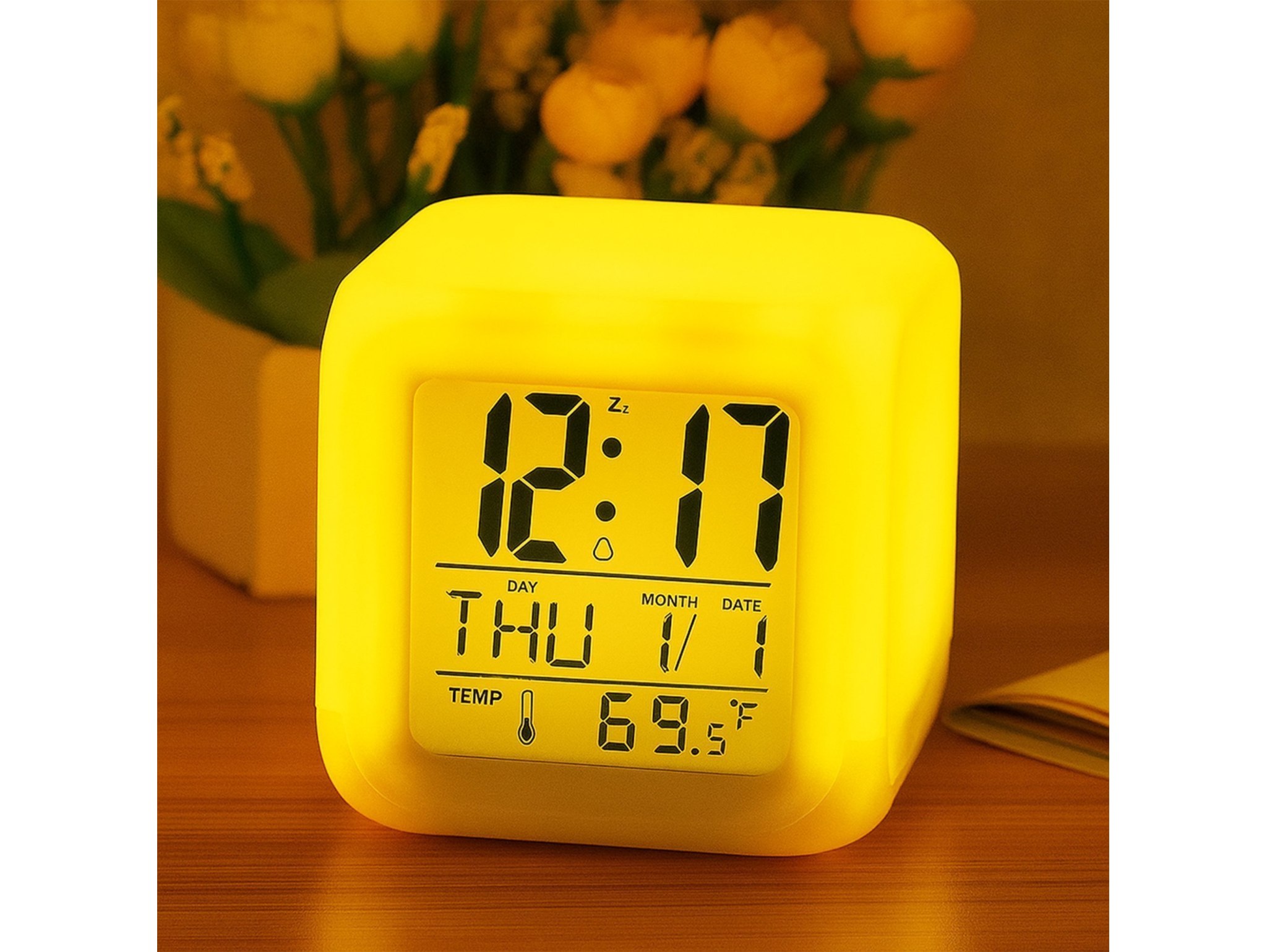 BUDZIK ZEGAREK TERMOMETR ŚWIECĄCY KAMELEON LED