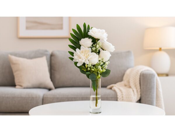 BUKIET MIESZANY RÓŻA DALIA 45CM 7 ŁODYG - biały