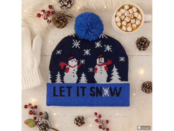 CZAPKA LED ŚWIĄTECZNA - wzór 3 bałwany granatowy