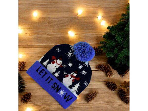 CZAPKA LED ŚWIĄTECZNA - wzór 3 bałwany granatowy