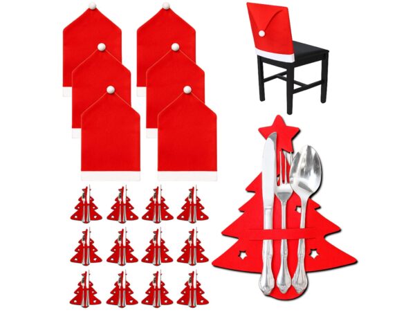 ETUI NA SZTUĆCE FILC ŚWIĘTA CHOINKA 12SZT + POKROWIEC NA KRZESŁO CZAPKA MIKOŁAJA 6szt.
