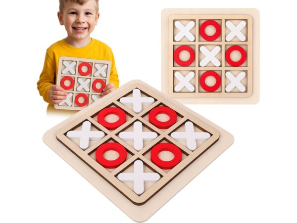 GRA KÓŁKO I KRZYŻYK DREWNIANE KLOCKI 15x15cm - biało-czerwony