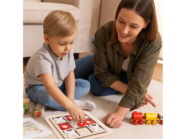 GRA KÓŁKO I KRZYŻYK DREWNIANE KLOCKI 15x15cm - biało-czerwony