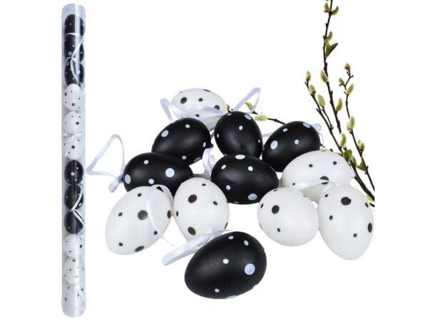 JAJKA WIELKANOCNE Z ZAWIESZKĄ 12SZT 4x3cm - biało-czarne