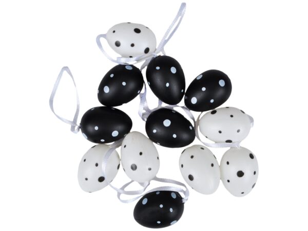 JAJKA WIELKANOCNE Z ZAWIESZKĄ 12SZT 4x3cm - biało-czarne