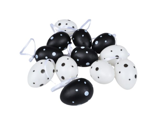 JAJKA WIELKANOCNE Z ZAWIESZKĄ 12SZT 4x3cm - biało-czarne