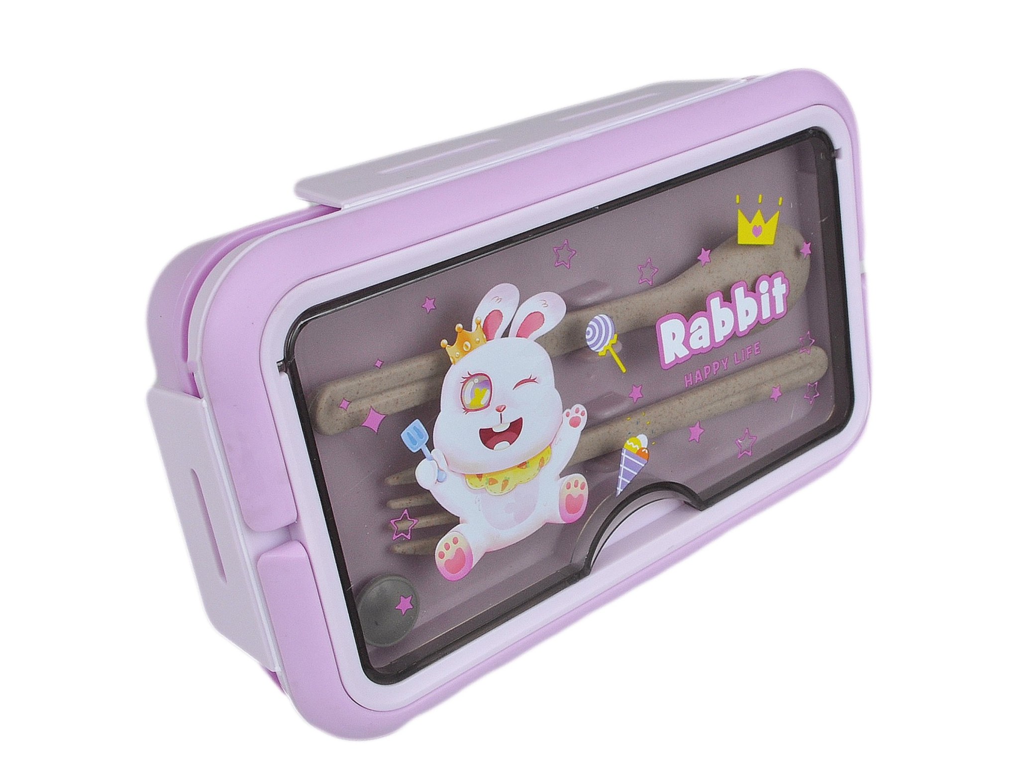 LUNCHBOX ŚNIADANIÓWKA POJEMNIK NA ŚNIADANIE OBIAD SZTUĆCE Z BIDONEM ZESTAW - fioletowy królik