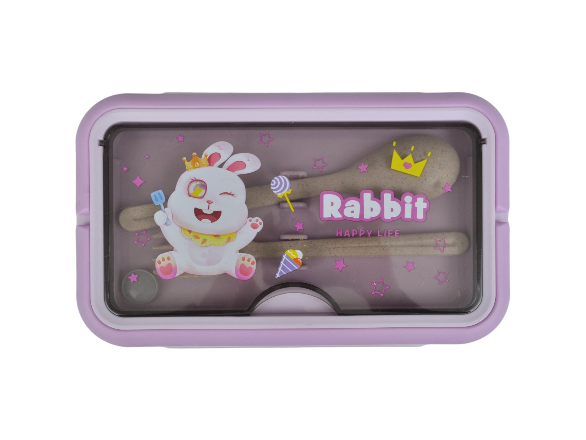 LUNCHBOX ŚNIADANIÓWKA POJEMNIK NA ŚNIADANIE OBIAD SZTUĆCE Z BIDONEM ZESTAW - fioletowy królik