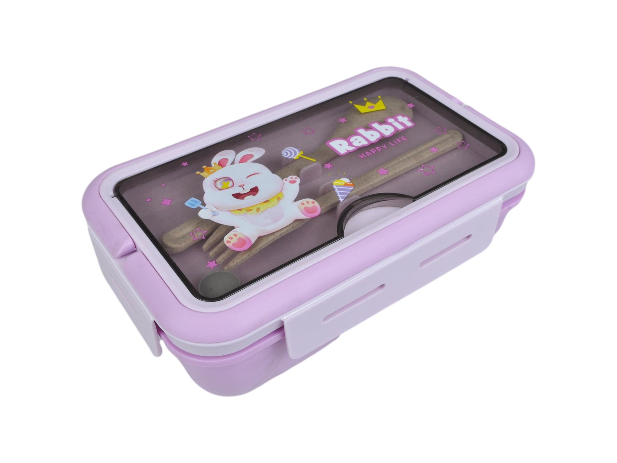 LUNCHBOX ŚNIADANIÓWKA POJEMNIK NA ŚNIADANIE OBIAD SZTUĆCE Z BIDONEM ZESTAW - fioletowy królik