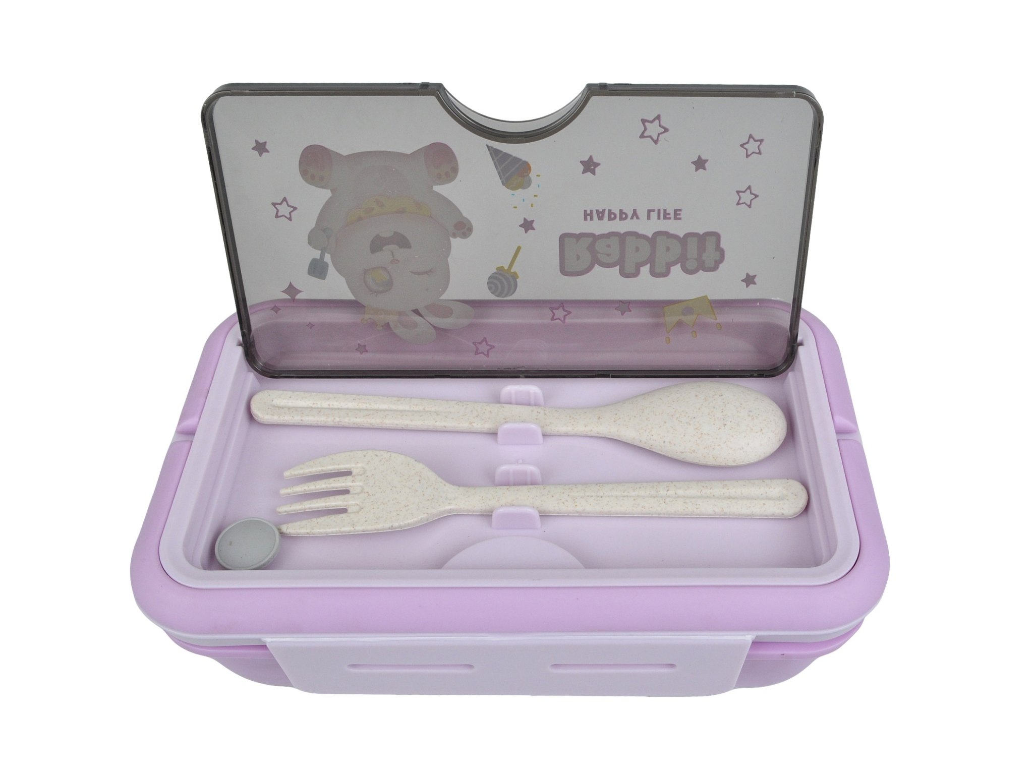 LUNCHBOX ŚNIADANIÓWKA POJEMNIK NA ŚNIADANIE OBIAD SZTUĆCE Z BIDONEM ZESTAW - fioletowy królik