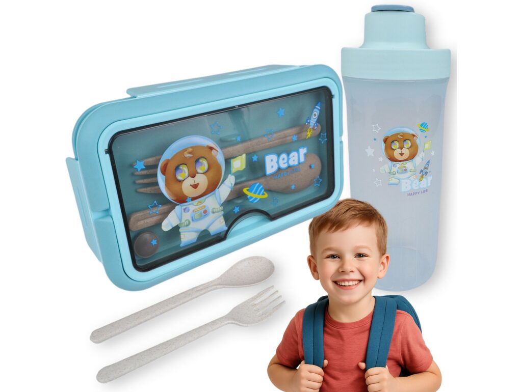 LUNCHBOX ŚNIADANIÓWKA POJEMNIK NA ŚNIADANIE OBIAD SZTUĆCE Z BIDONEM ZESTAW - niebieski z misiem