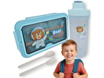 LUNCHBOX ŚNIADANIÓWKA POJEMNIK NA ŚNIADANIE OBIAD SZTUĆCE Z BIDONEM ZESTAW - niebieski z misiem