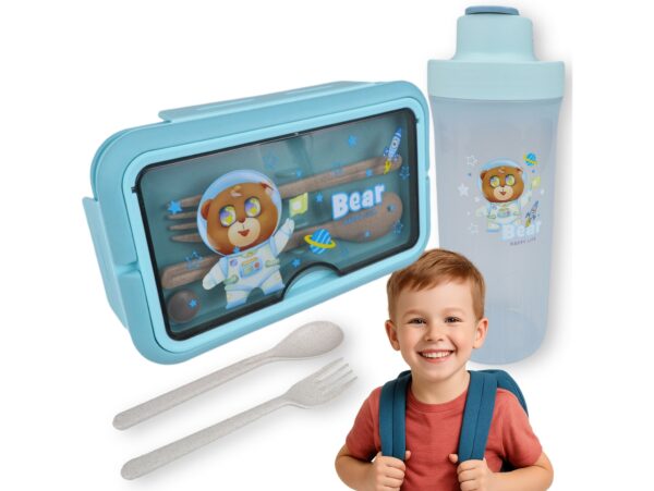 LUNCHBOX ŚNIADANIÓWKA POJEMNIK NA ŚNIADANIE OBIAD SZTUĆCE Z BIDONEM ZESTAW - niebieski z misiem