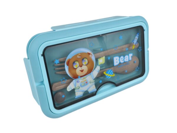 LUNCHBOX ŚNIADANIÓWKA POJEMNIK NA ŚNIADANIE OBIAD SZTUĆCE Z BIDONEM ZESTAW - niebieski z misiem