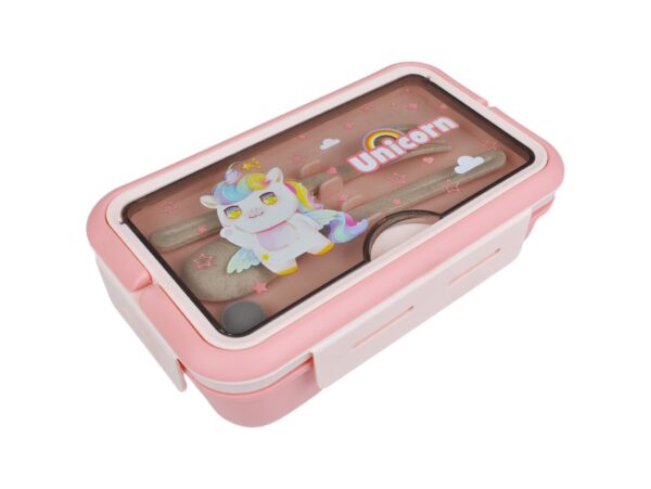 LUNCHBOX ŚNIADANIÓWKA POJEMNIK NA ŚNIADANIE OBIAD SZTUĆCE Z BIDONEM ZESTAW - różowy jednorożec