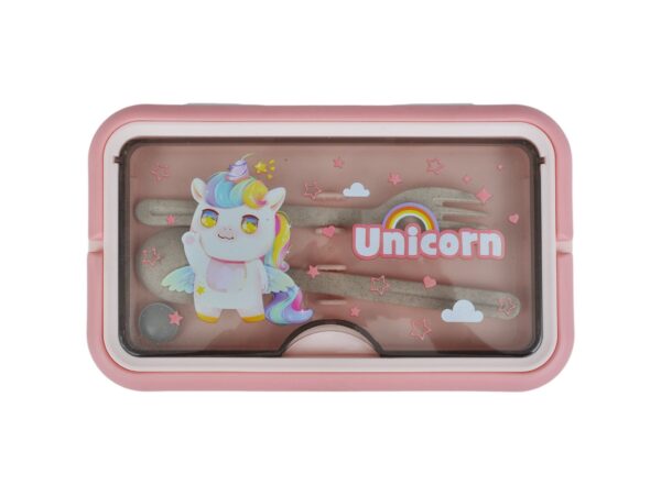 LUNCHBOX ŚNIADANIÓWKA POJEMNIK NA ŚNIADANIE OBIAD SZTUĆCE Z BIDONEM ZESTAW - różowy jednorożec