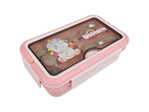 LUNCHBOX ŚNIADANIÓWKA POJEMNIK NA ŚNIADANIE OBIAD SZTUĆCE Z BIDONEM ZESTAW - różowy siedzący jednorożec