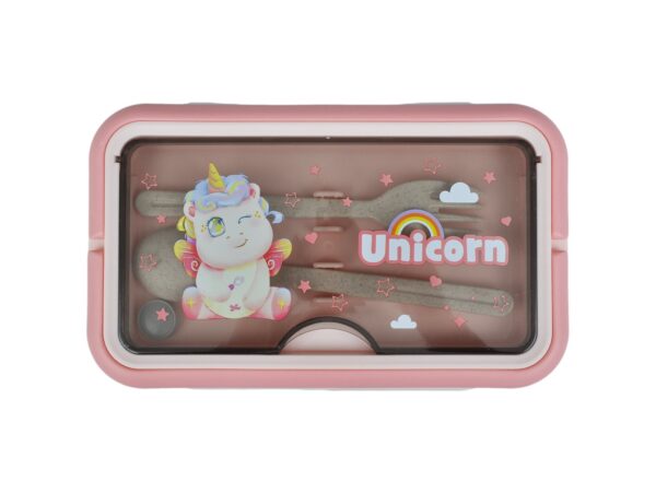 LUNCHBOX ŚNIADANIÓWKA POJEMNIK NA ŚNIADANIE OBIAD SZTUĆCE Z BIDONEM ZESTAW - różowy siedzący jednorożec