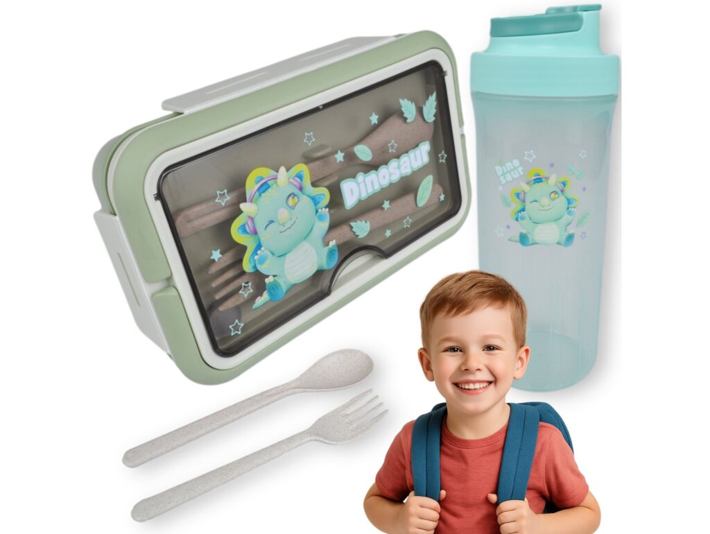 LUNCHBOX ŚNIADANIÓWKA POJEMNIK NA ŚNIADANIE OBIAD SZTUĆCE Z BIDONEM ZESTAW - zielony z dinozaurem