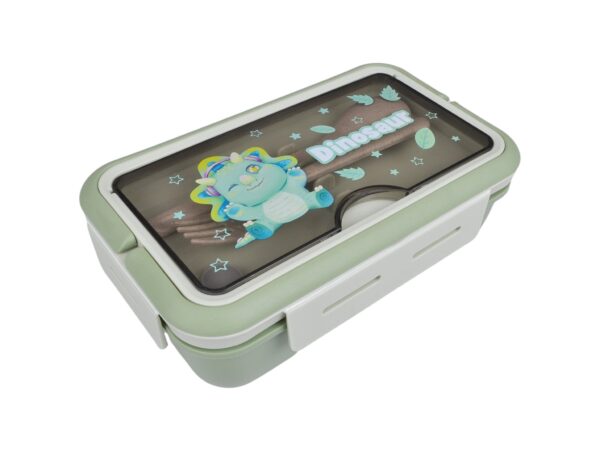 LUNCHBOX ŚNIADANIÓWKA POJEMNIK NA ŚNIADANIE OBIAD SZTUĆCE Z BIDONEM ZESTAW - zielony z dinozaurem
