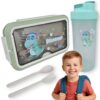 LUNCHBOX ŚNIADANIÓWKA POJEMNIK NA ŚNIADANIE OBIAD SZTUĆCE Z BIDONEM ZESTAW - zielony z stojącym dinozaurem
